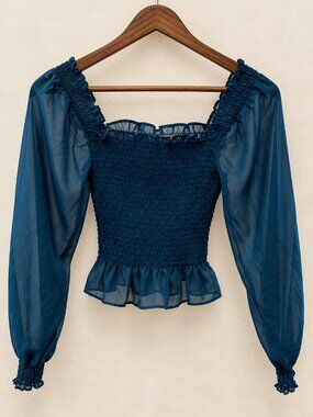 Teal Smocked Sheer Long Sleeve Peplum Blouse